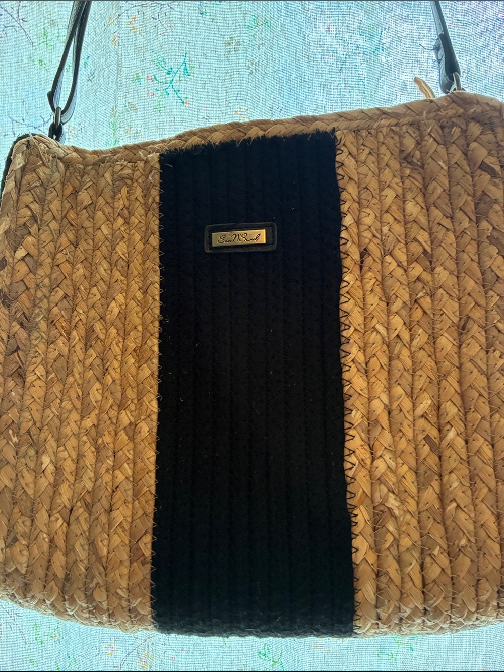 Sun N Sand Natural Straw Tote with Adjustable Strap Black Center Stripe